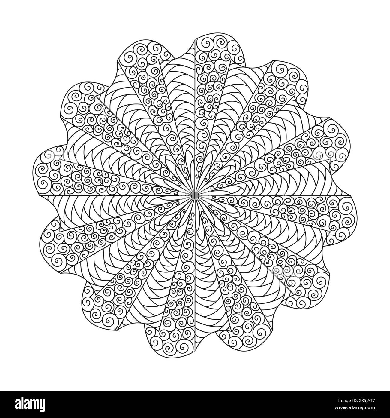 Mandala Radiant Malbuch Seite für KDP Book Interior. Friedliche Blütenblätter, Fähigkeit zum Entspannen, Gehirnerlebnisse, harmonischer Hafen, friedliche Porträts, Stock Vektor