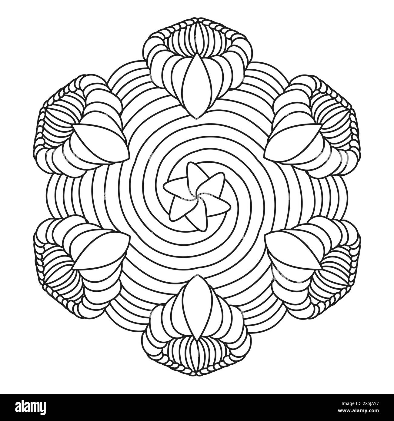 Mandala Spirals Malbuch Seite für KDP Book Interior. Friedliche Blütenblätter, Fähigkeit zum Entspannen, Gehirnerlebnisse, harmonischer Hafen, friedliche Porträts, Stock Vektor
