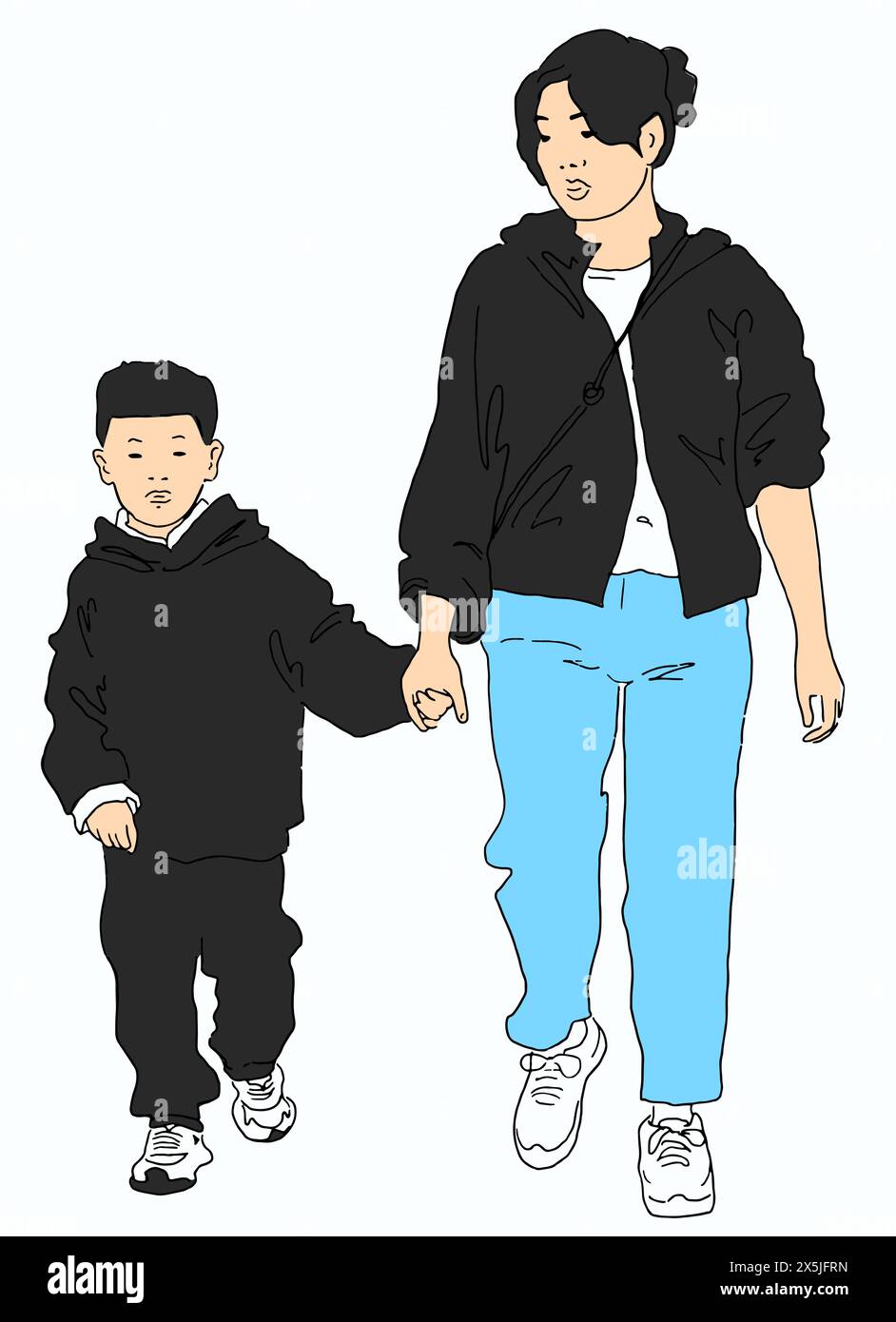 Asiatische Mutter und Sohn in legeren Outfits gehen zusammen in dieser minimalistischen Vektorillustration im Skizzen-Stil, perfekt für Familien- und Stadtleben Themen. Stock Vektor