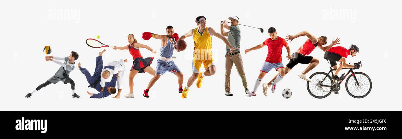 Sportcollage. Verschiedene Sportarten vom Fußball bis zum Fechten, die intensive Bewegungen und die Vielfalt der Leichtathletik vor weißem Hintergrund festhalten. Stockfoto