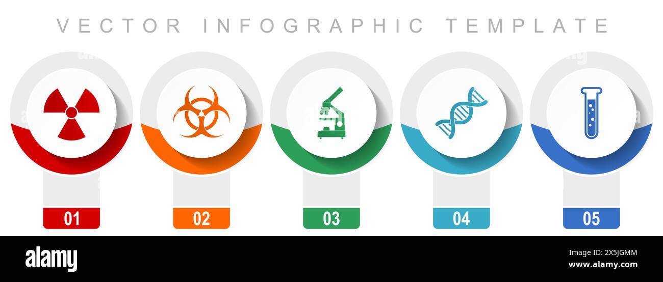 Wissenschaftssymbole, verschiedene Vektorsymbole wie Strahlung, Biohazard, Mikroskop, dna und Reagenzgläser, moderne Infografik-Vorlage, Web Butt Stock Vektor
