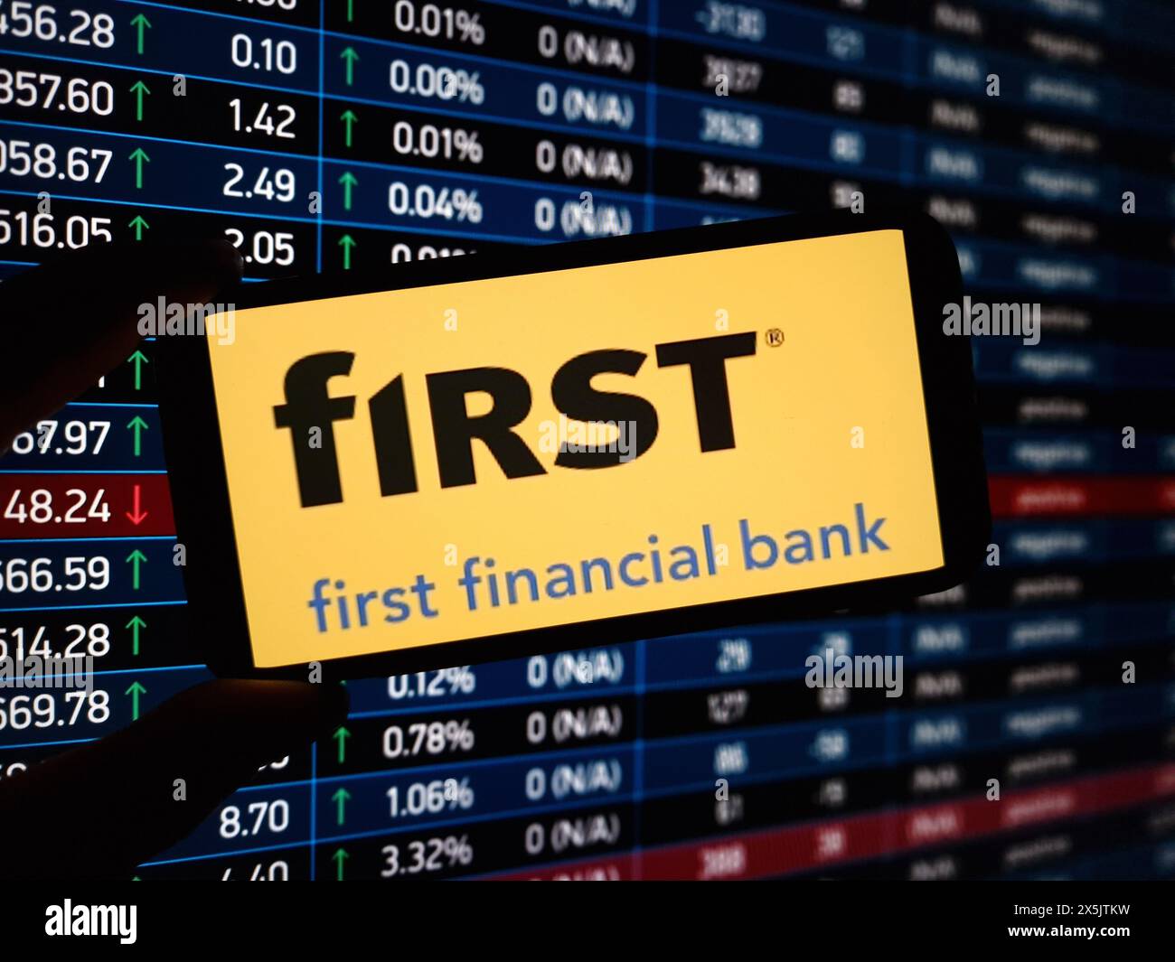 Konskie, Polen - 05. Mai 2024: Erstes Firmenlogo der Finanzbank auf dem Mobiltelefon Stockfoto