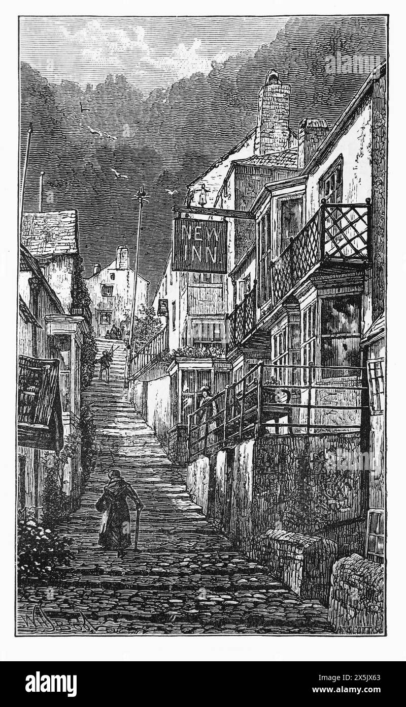 Die High Street in Clovelly, wie sie im späten 19. Jahrhundert erschien. Das New Inn Schild befindet sich jetzt auf der linken Seite dieses Ausblicks auf den Hügel. Manchmal vermietete das New Inn Zimmer auf beiden Seiten der Straße und Fotos aus der Mitte des 20. Jahrhunderts zeigen, dass das Schild von einer Seite der Straße auf die andere tauscht. Schwarz-weiß-Illustration aus unserem eigenen Land Band III, veröffentlicht von Cassell, Petter, Galpin & Co. Im späten 19. Jahrhundert. Stockfoto