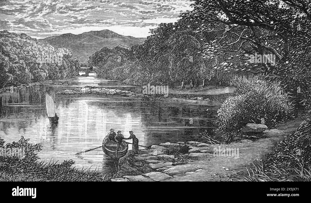 Das Meeting of the Waters, Killarney National Park, County Kerry, Irland. Hier treffen sich die berühmten Seen von Killarney zusammen. Der Upper Lake, der Middle Lake (auch bekannt als Muckross Lake) und der Lower Lake (Lough Leane) kommen zusammen. Schwarz-weiß-Illustration aus unserem eigenen Land Band III, veröffentlicht von Cassell, Petter, Galpin & Co. Im späten 19. Jahrhundert. Stockfoto