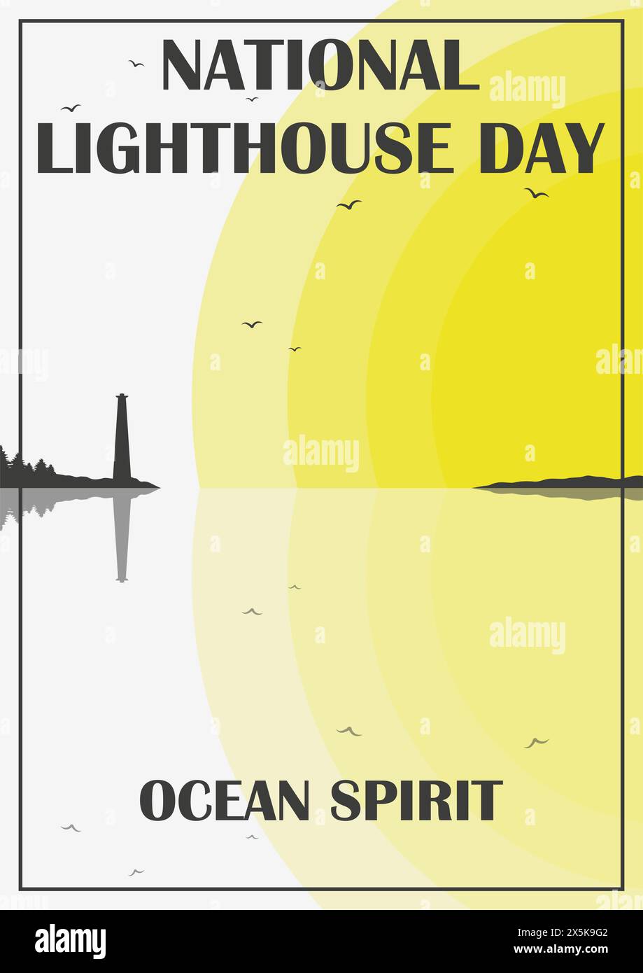 Arktische Landschaft mit Leuchtturm-Illustration. Blick auf den Leuchtturm im sonnigen Ozean minimalistisches Muster. Fliegende Vögel in Sonnenaufgangszeit Ästhetik A Stock Vektor