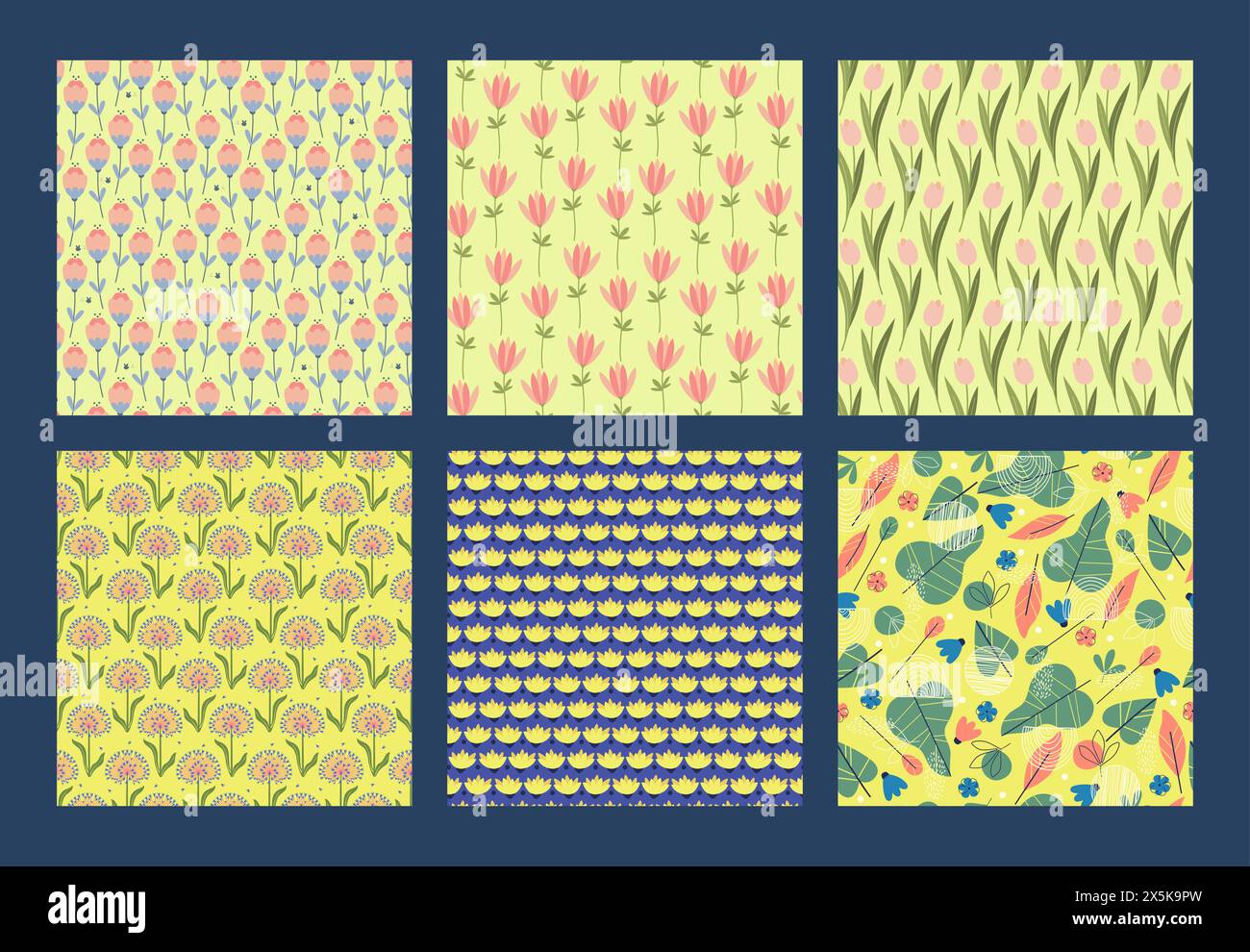 Farbenfrohes und farbenfrohes, nahtloses Musterset mit Frühlingselementen. Blätter und Blumen auf gelbem Hintergrund. Blumenkurve Vektor-Illustration für Baby Show Stock Vektor