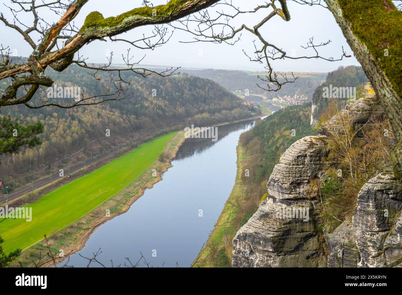 Mit Blick auf die Serpentine Elbe, die sich im Frühling von den Bastei-Klippen durch den Nationalpark Sächsische Schweiz schneidet. Deutschland Stockfoto