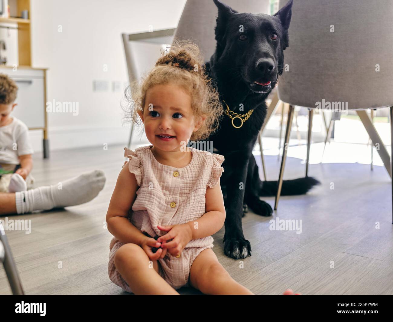 Baby Mädchen und Junge zu Hause mit Hund Stockfoto