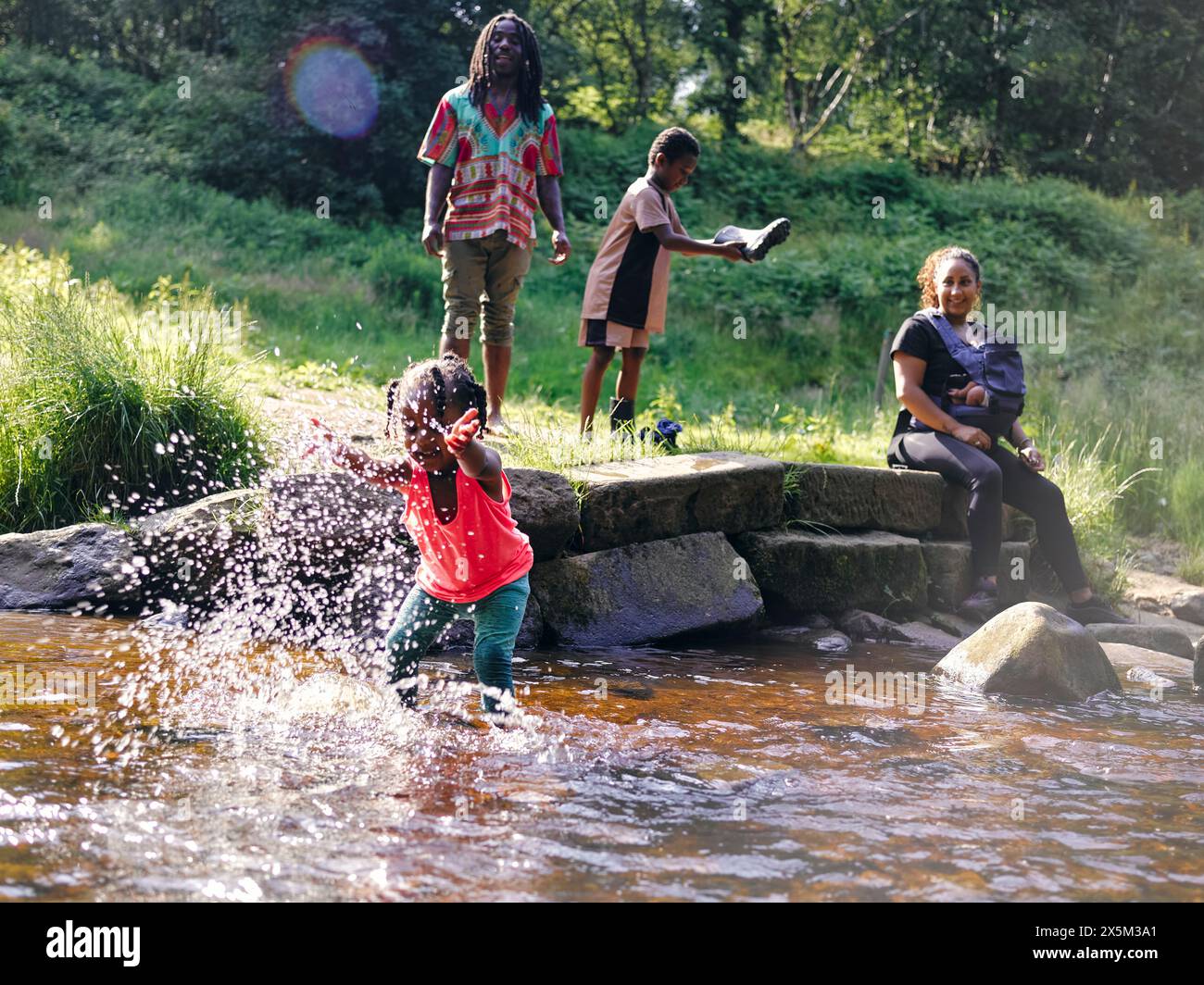 Großbritannien, Familie spielt im flachen Bach Stockfoto