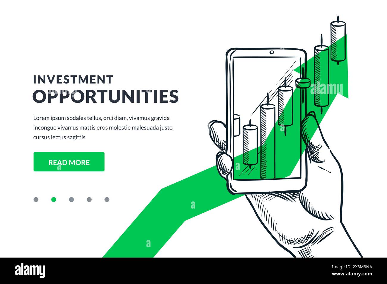 Hand hält Handy mit wachsendem Finanzaktendiagramm auf grünem Pfeil. Abbildung einer handgezeichneten Vektorskizze. investitionsprofil Stock Vektor