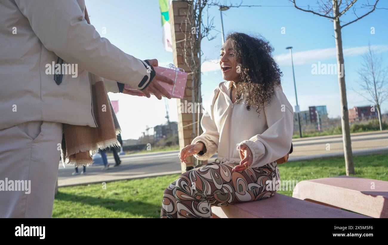 Mann, der lächelnde Frau auf der Bank geschenkt hat Stockfoto