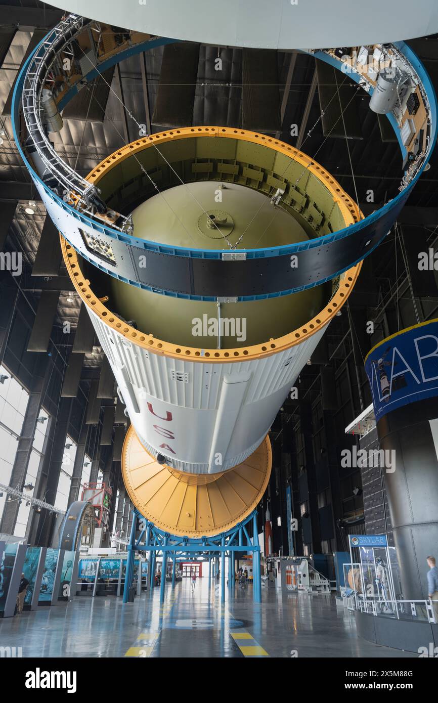 Saturn V Mondrakete. Davidson Center for Space Exploration: Saturn V Hall. U.S. Space and Rocket Center, Huntsville, Alabama. Stockfoto