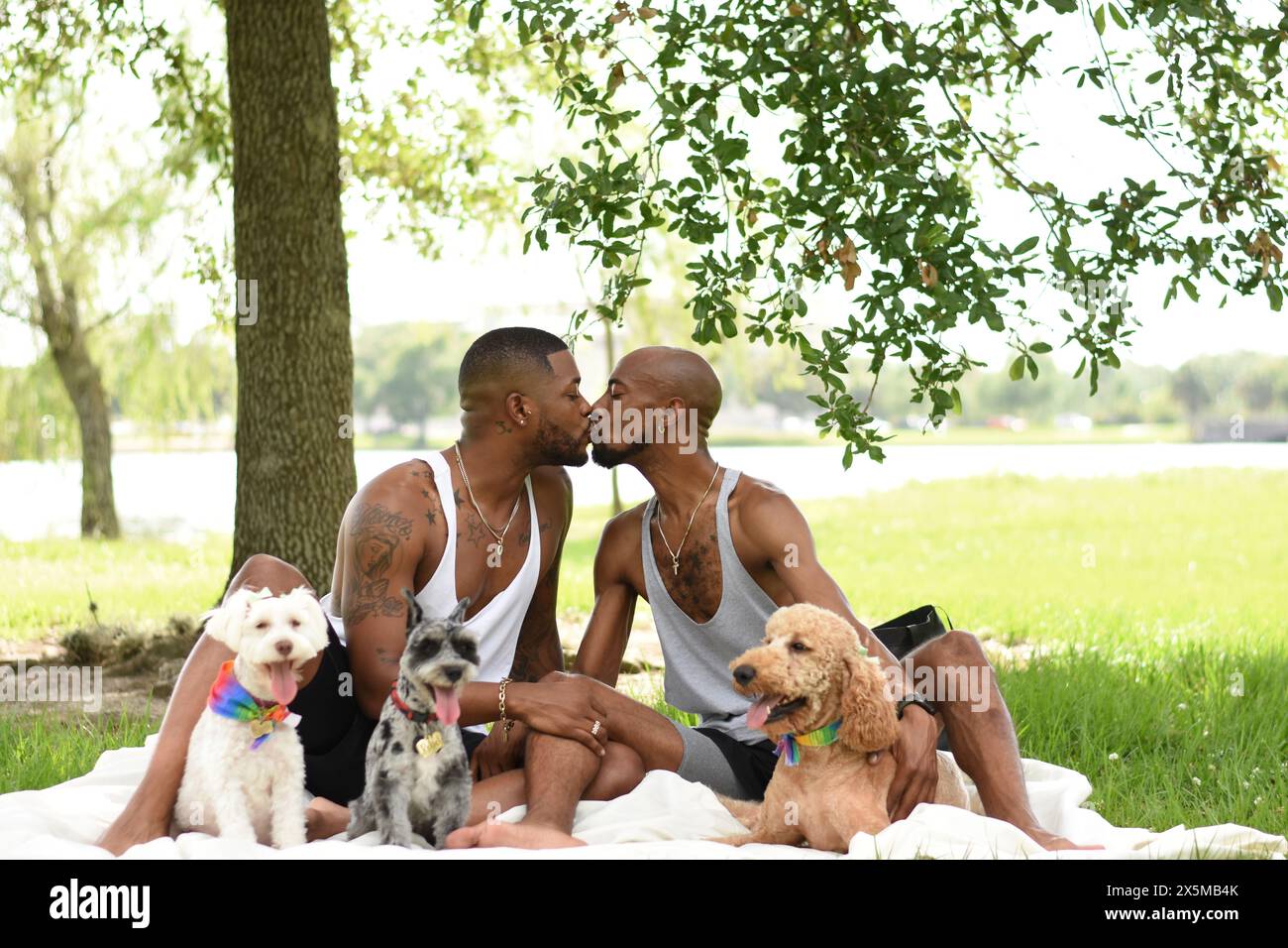 USA, Louisiana, Schwulenpaar mit Hunden, die sich auf dem Rasen im Park küssen Stockfoto