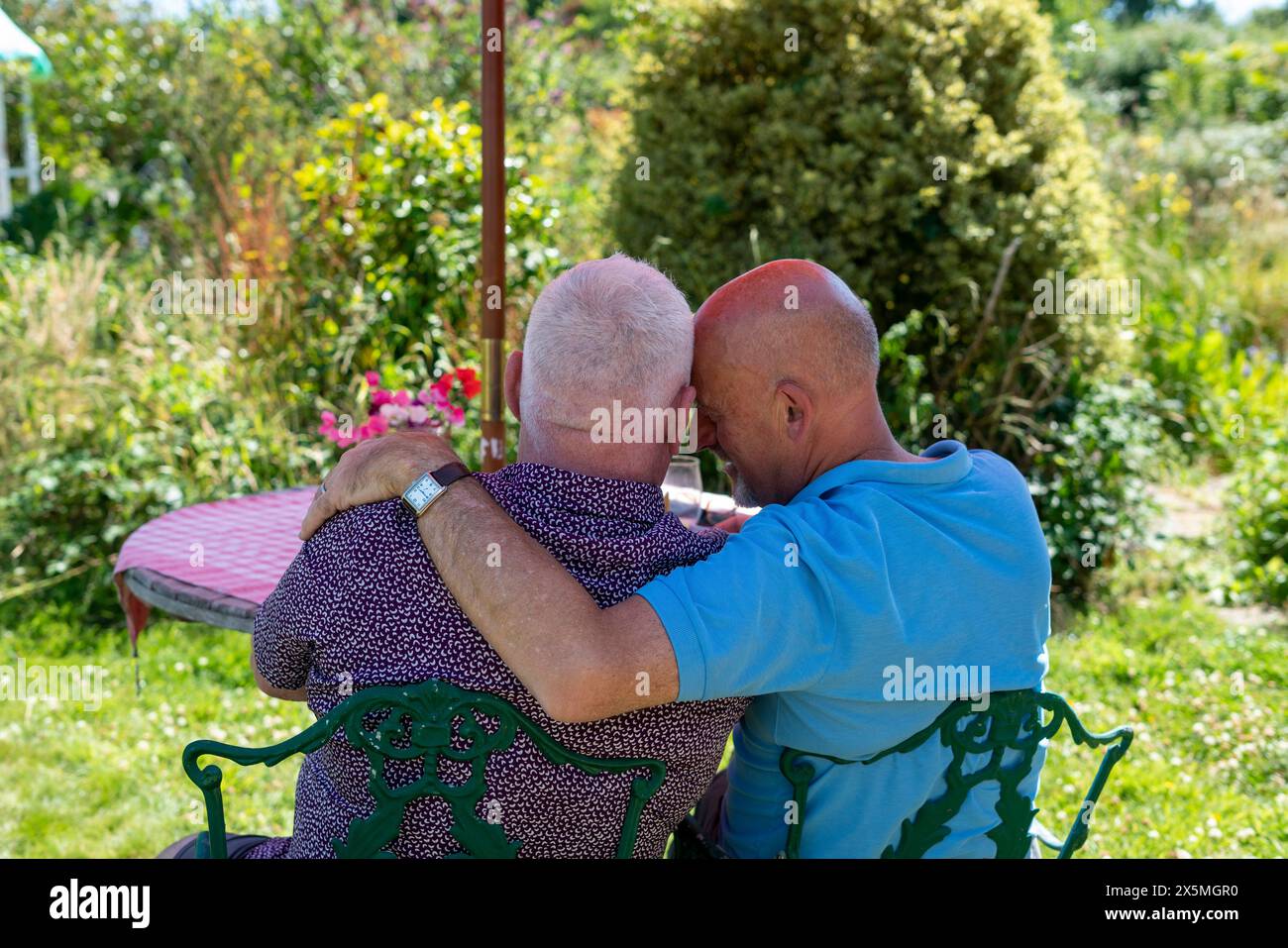 Älteres männliches Paar, das im Garten relaxt Stockfoto