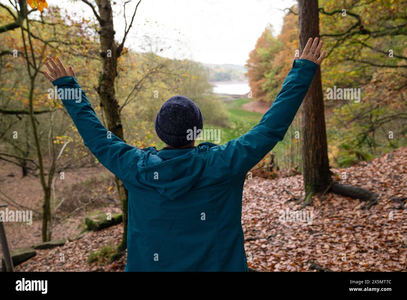 Wanderer, die im Wald Arme heben Stockfoto