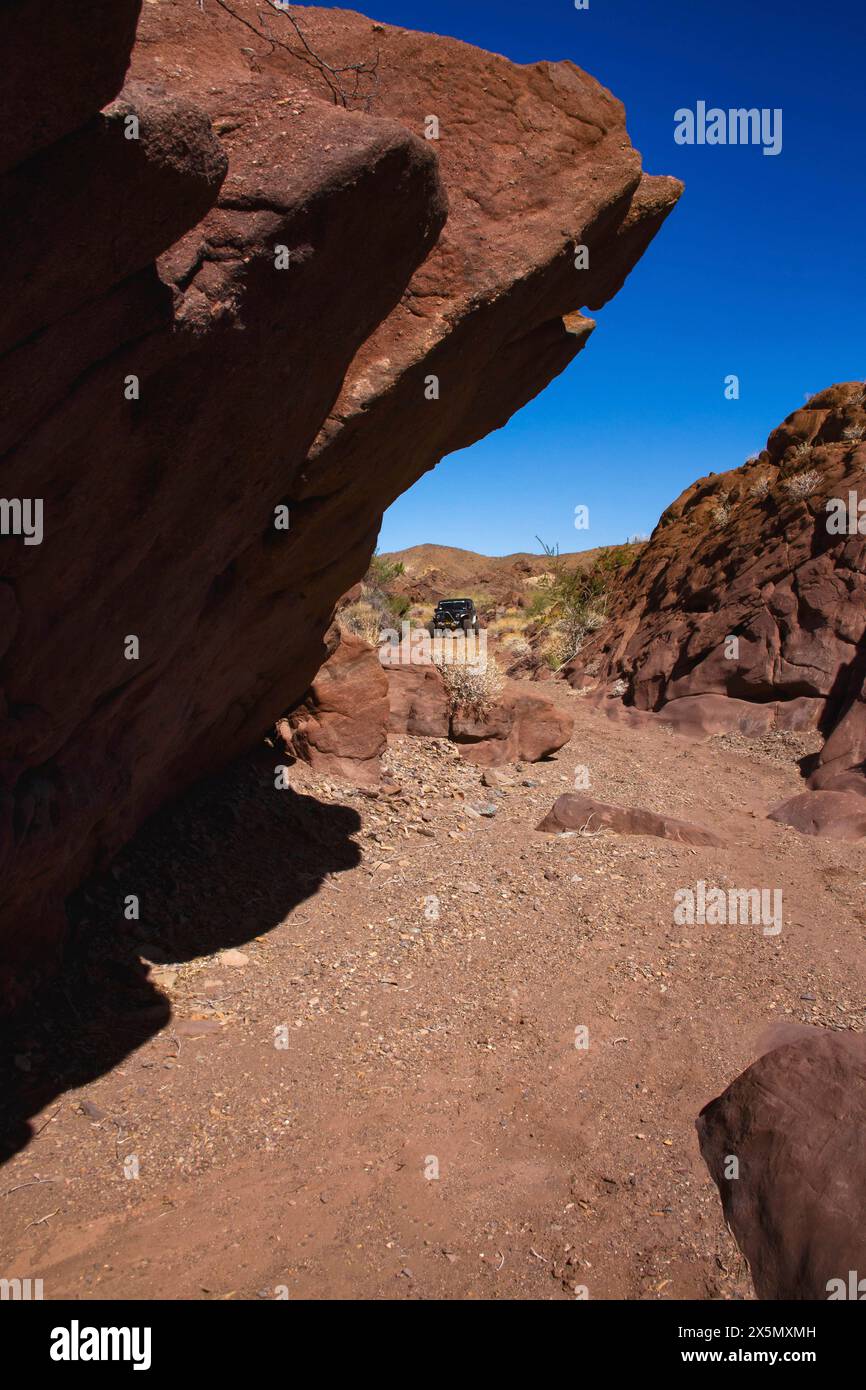 Ausgewiesener Jeep Trail mit Blick auf die Orocopia Mountain Wilderness Area, Colorado Desert, Kalifornien Stockfoto
