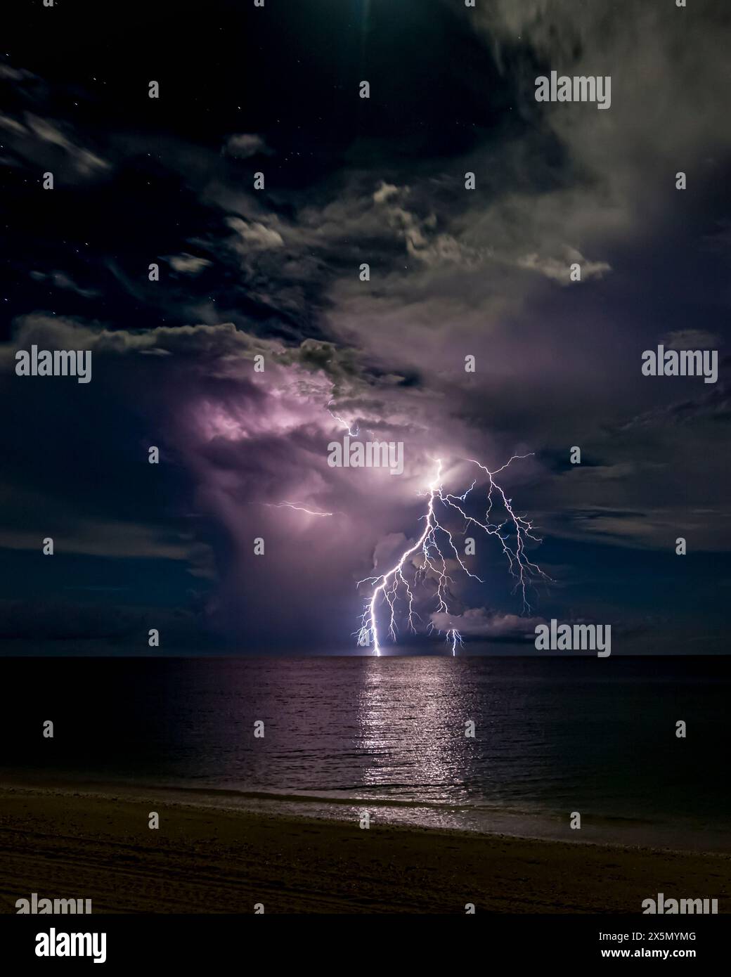 Blitze treffen vor der Küste von Collier County, Florida. Stockfoto