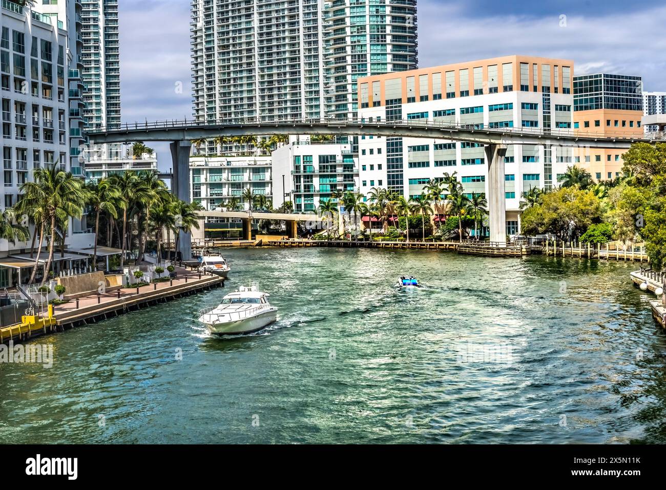 Miami River Brickell Avenue Bridge Building Downtown Riverwalk, Miami, Florida. Stockfoto