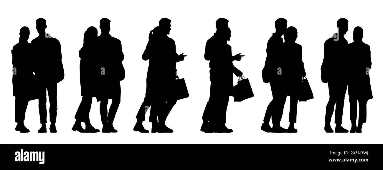 Konzeptuelle schwarze Silhouette eines Paares, das Einkaufstaschen aus verschiedenen Perspektiven auf weiß hält. 3D-Illustration als Meta Stockfoto