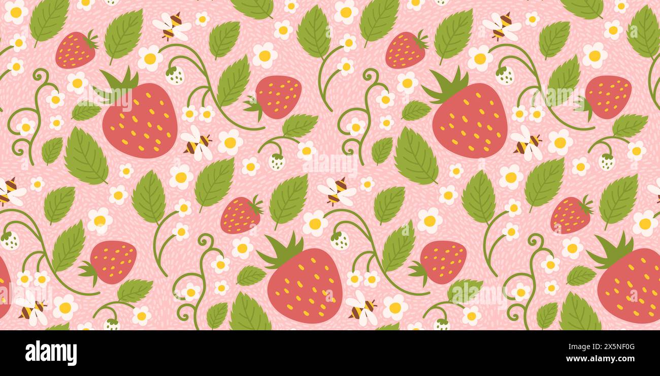 Nahtloses Muster mit Erdbeeren, süßen Beeren, Blumen, grünem Laub und einer kleinen Biene. Sich wiederholende Oberflächengestaltung, geeignet für Bekleidung, Stoffe, Geschenkpapier und andere Zwecke. Stock Vektor