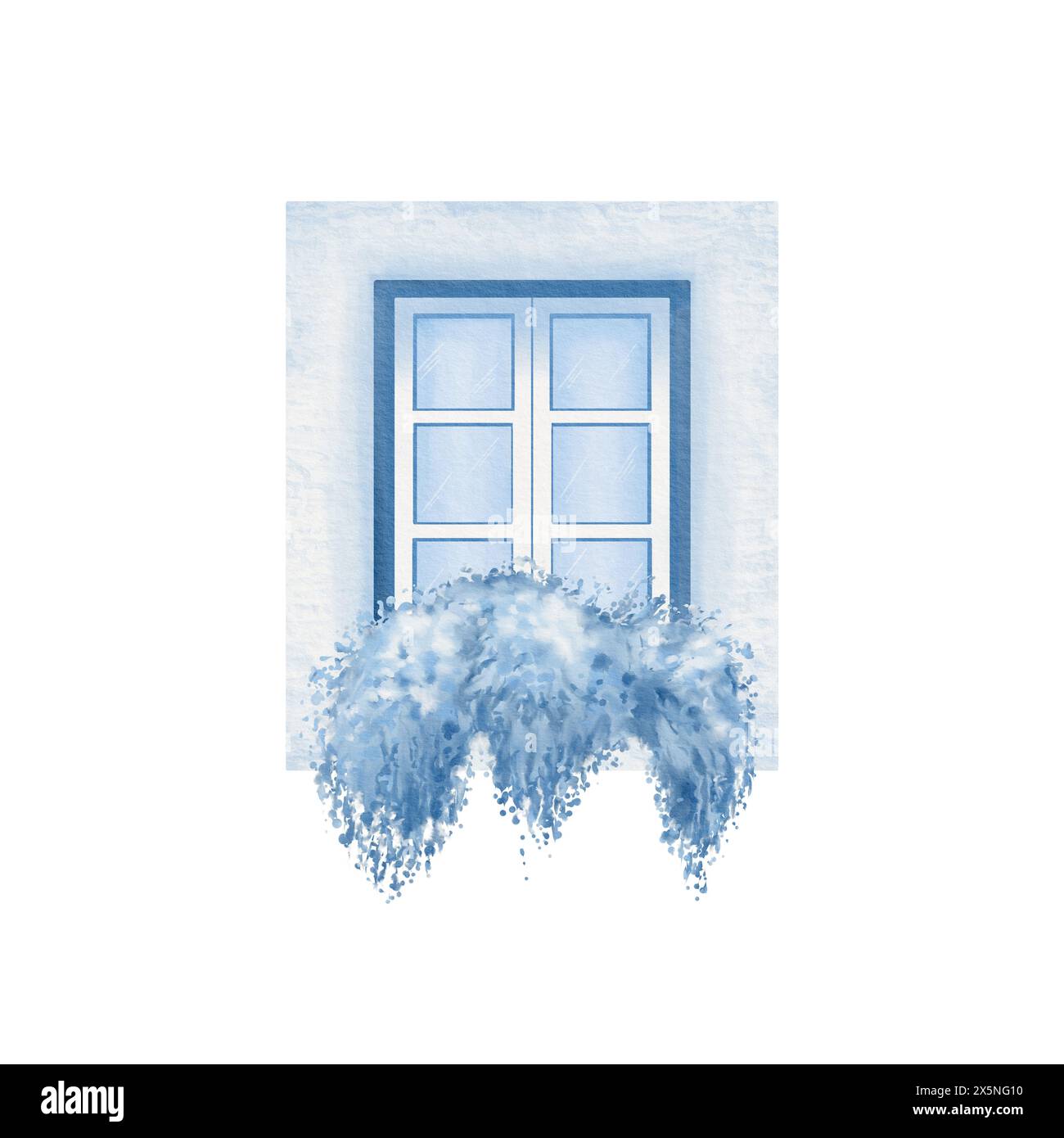 Fenster mit geschlossenem Holzrahmen und Blumen im Topf als Element der mittelalterlichen Hausfassade der alten europäischen Stadt in monochromen Blau- und Weißtönen. Für Stockfoto