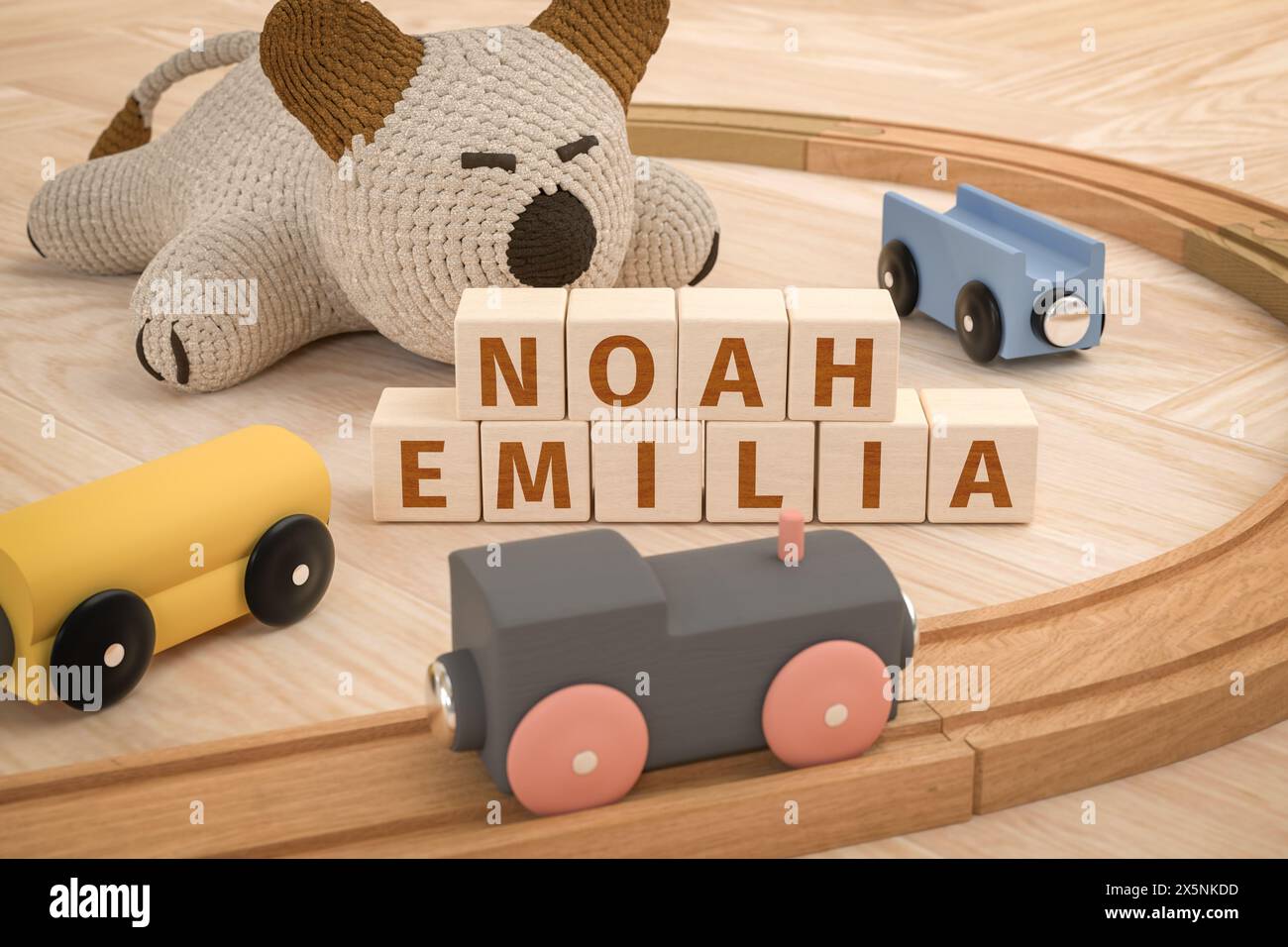 Die beliebtesten Vornamen für Babys in Deutschland waren 2022 und 2023 Noah für Jungen und Emilia für Mädchen: Die Namen wurden mit Holzwürfeln dazwischen geschrieben Stockfoto