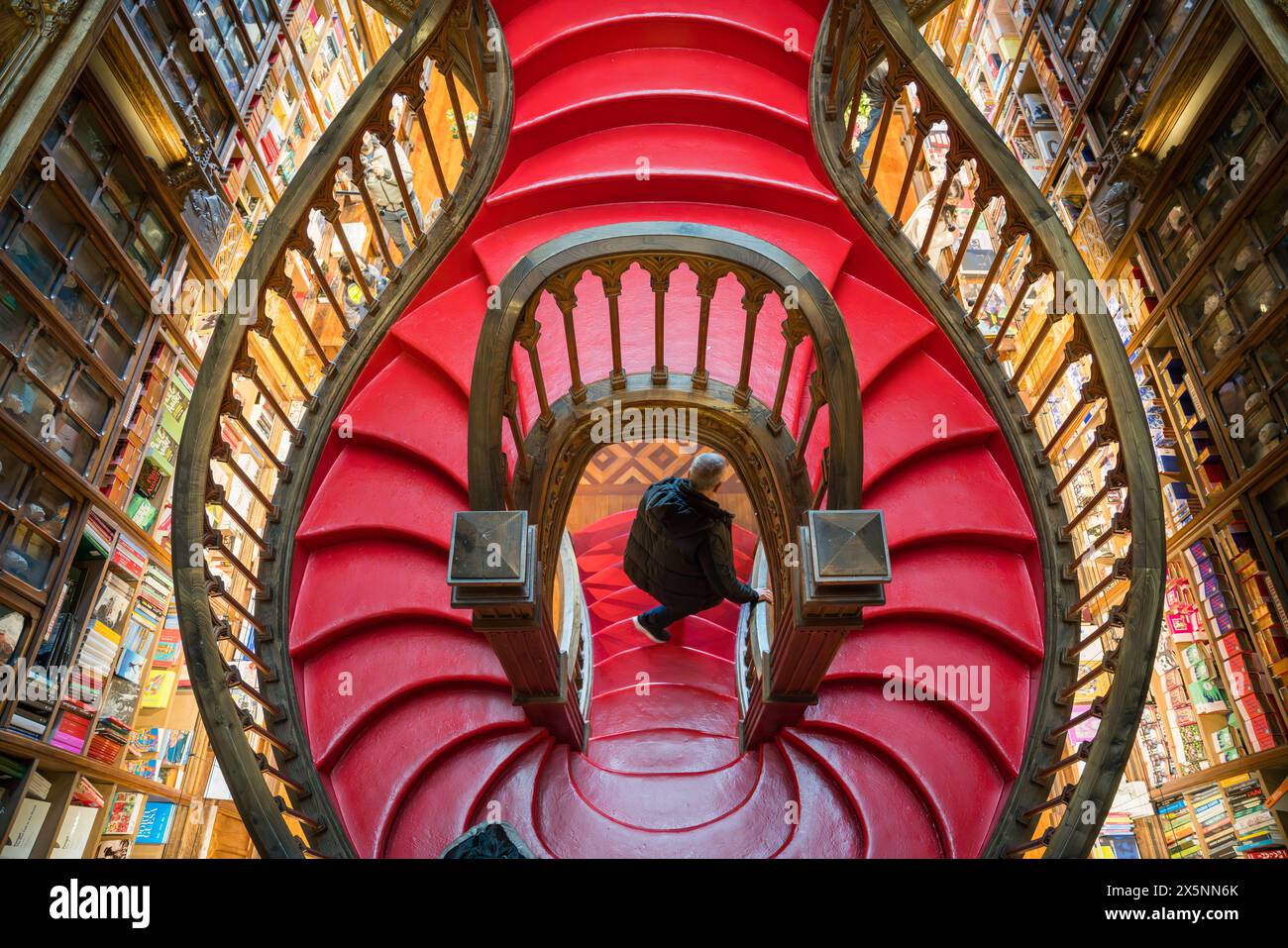 Livraria Lello Innenraum. Berühmte majestätische Buchhandlung von Porto. Wunderschöne Treppe. Touristenattraktion. Reiseziel. Stockfoto