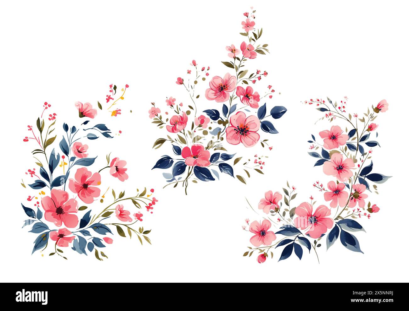 Set mit Blumenzweig. Blume, rosa Rose, grüne Blätter. Hochzeitskonzept mit Blumen. Blumenposter, einladen. Vektoranordnungen für Grußkarten oder Stock Vektor