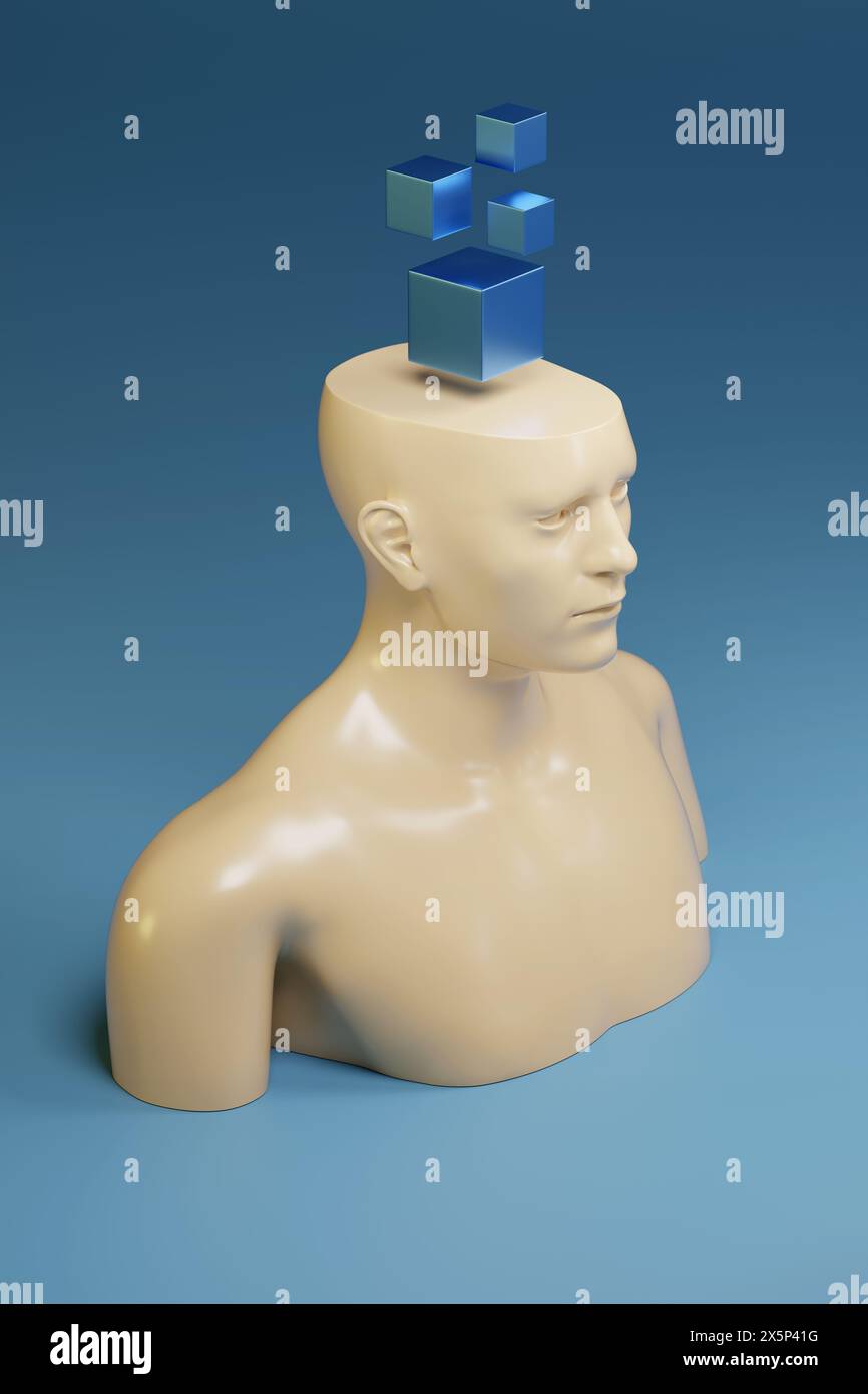 Menschliche Figur mit geometrischen Körpern auf dem Kopf. Denkkonzept. 3D-Abbildung. Stockfoto