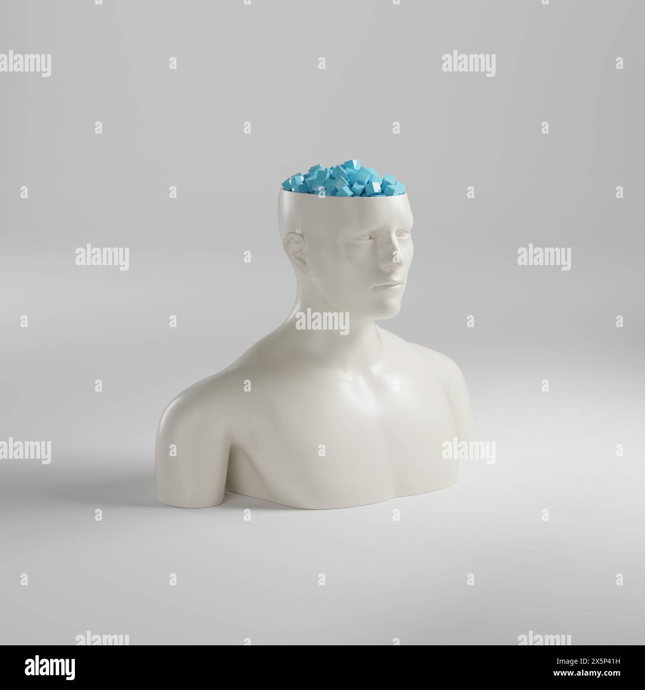 Büste eines Mannes mit offenem Kopf und voller Würfel. 3D-Abbildung. Stockfoto