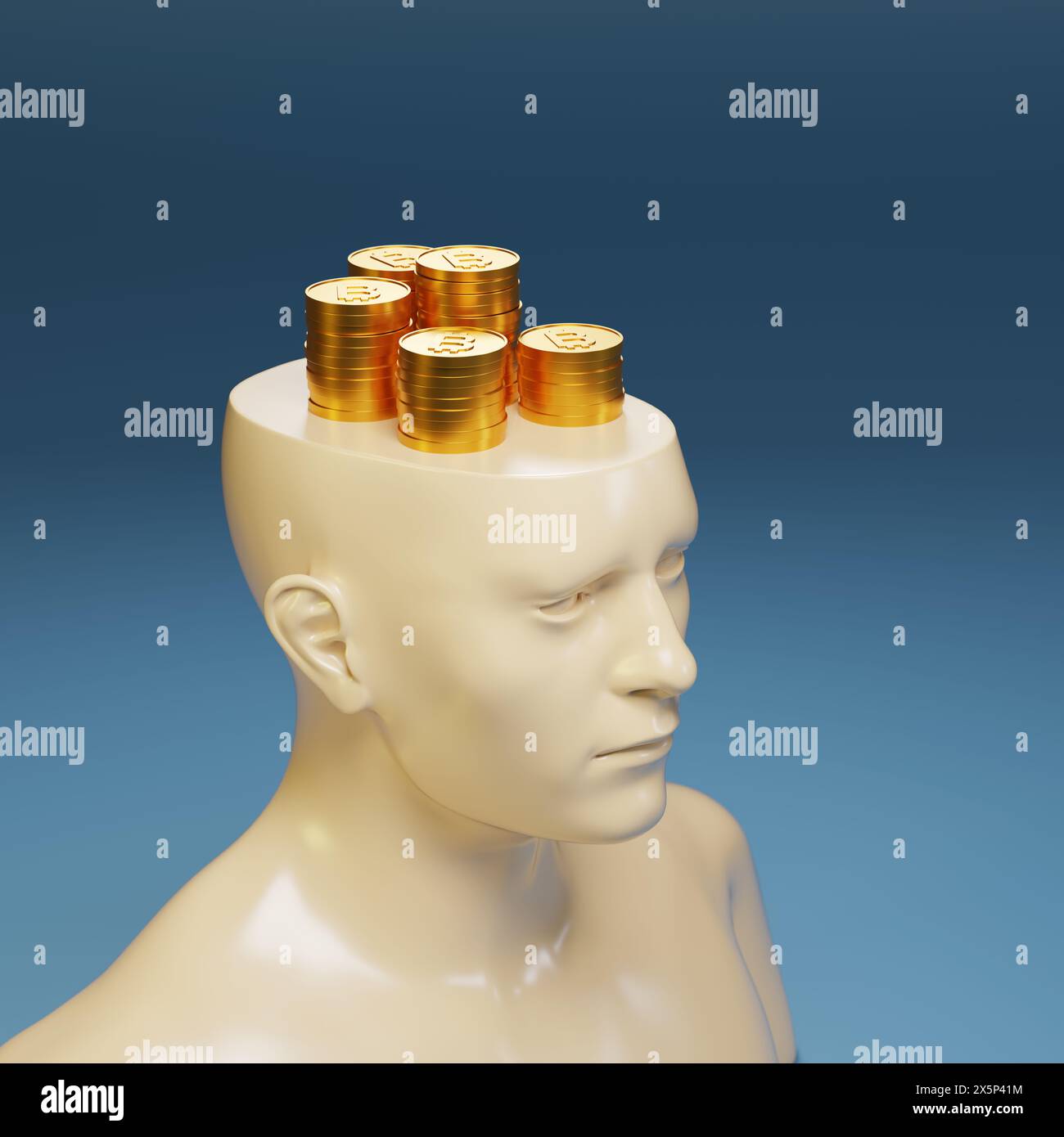Büste eines Mannes mit flachem Kopf voller Bitcoins. 3D-Abbildung. Stockfoto
