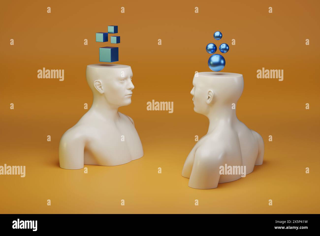 Zwei Menschenfiguren, die einander gegenüberstehen, mit geometrischen Körpern auf dem Kopf. Denkkonzept. 3D-Abbildung. Stockfoto