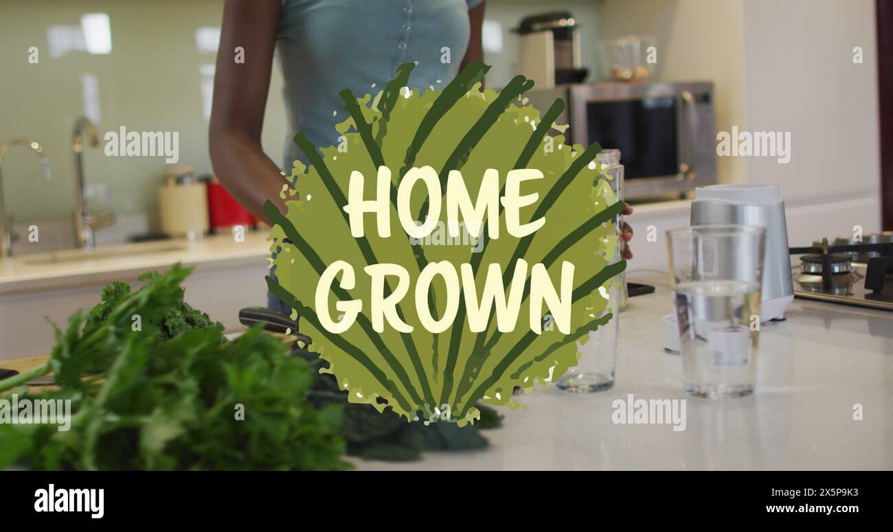 Bild von selbstgewachsenem Text und hinterlässt glückliche afroamerikanische Frau beim Kochen Stockfoto