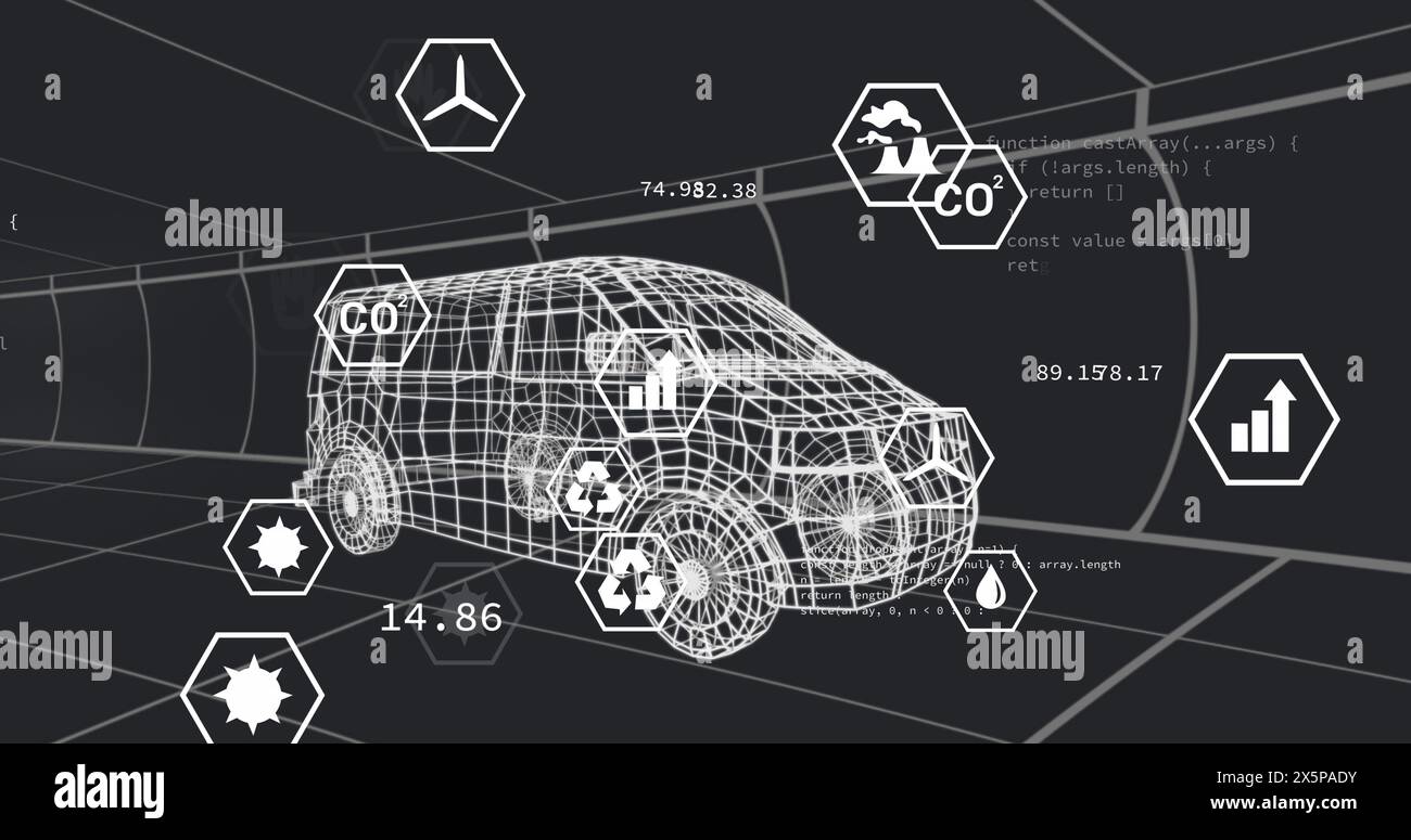 Bild eines 3D-Fahrzeugs mit mehreren Symbolen und Programmiersprache auf schwarzem Hintergrund Stockfoto