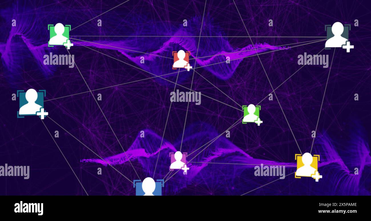 Abbildung des Netzwerks von Verbindungen mit Symbolen über der Datenverarbeitung Stockfoto