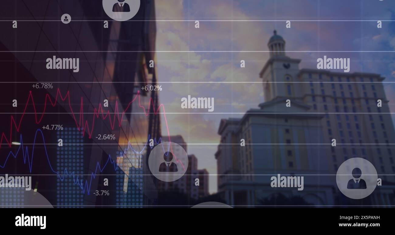 Abbildung von Profilsymbolen und statistischer Datenverarbeitung im Vergleich zur Ansicht eines hohen Gebäudes Stockfoto