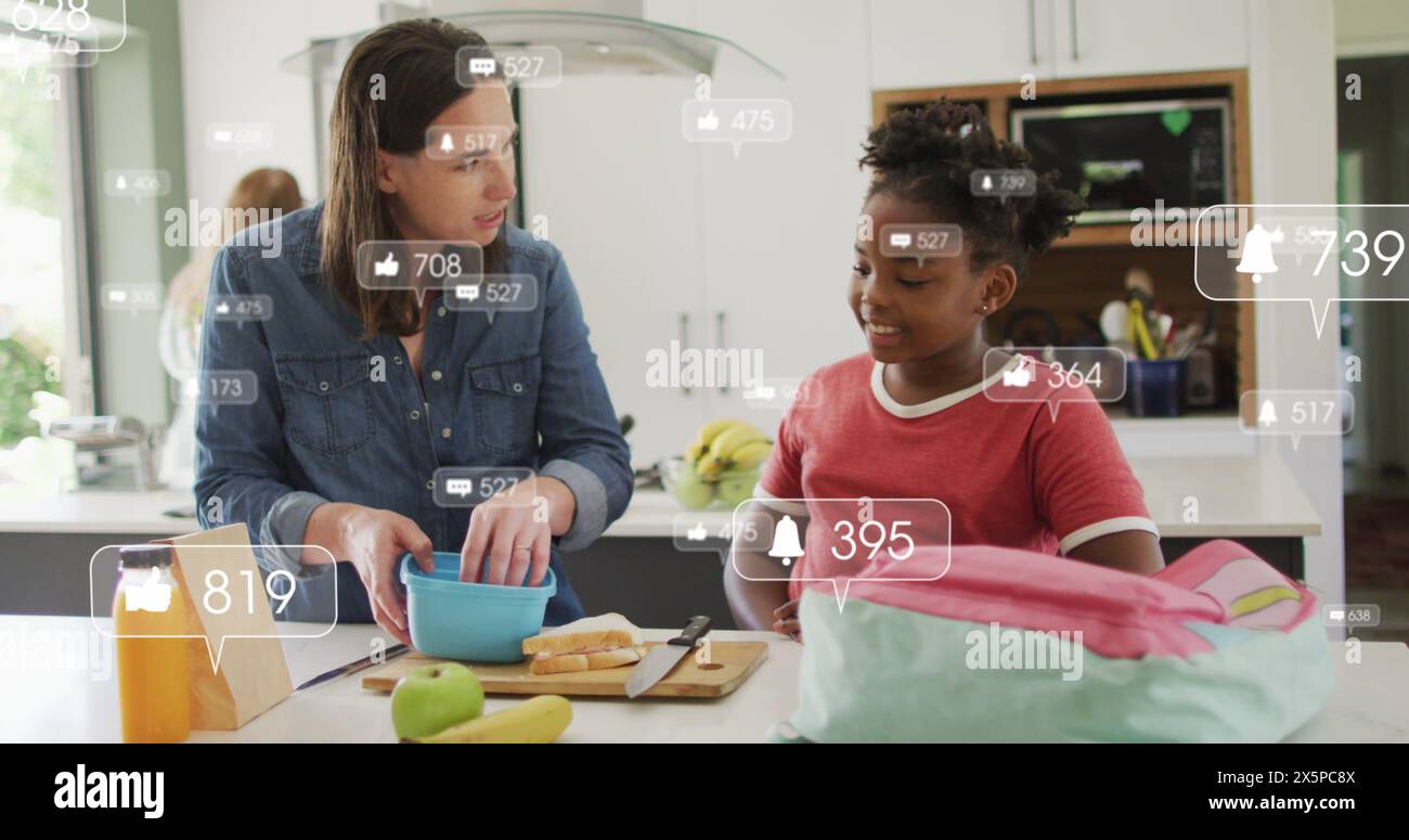 Bild von Ikonen mit wachsender Zahl über verschiedene Frauen und ihre Tochter, die kochen Stockfoto