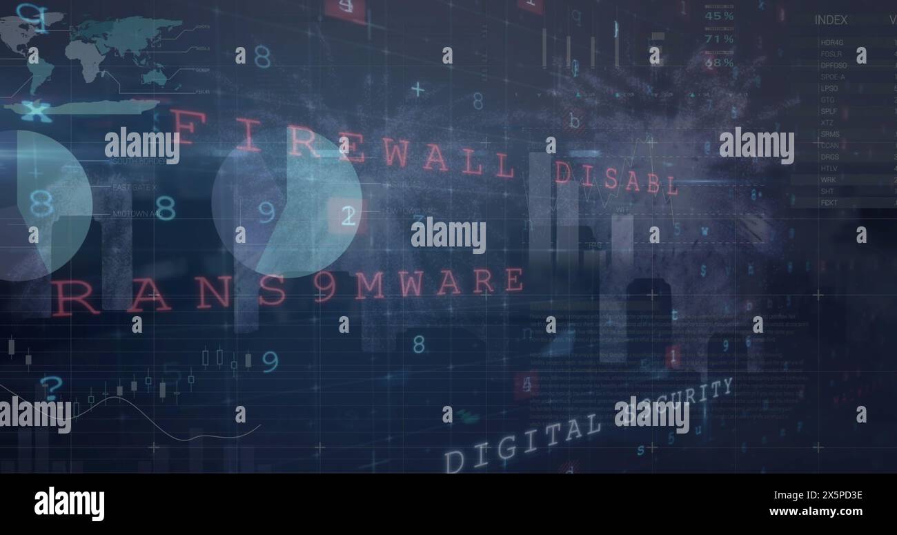 Bild mehrerer Wörter, Alphabete, Zahlen und Symbole über Infografik Stockfoto