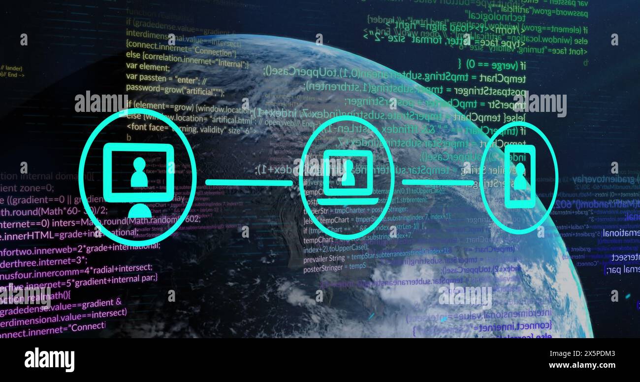 Bild von digitalen Symbolen und Datenverarbeitung auf der ganzen Welt Stockfoto