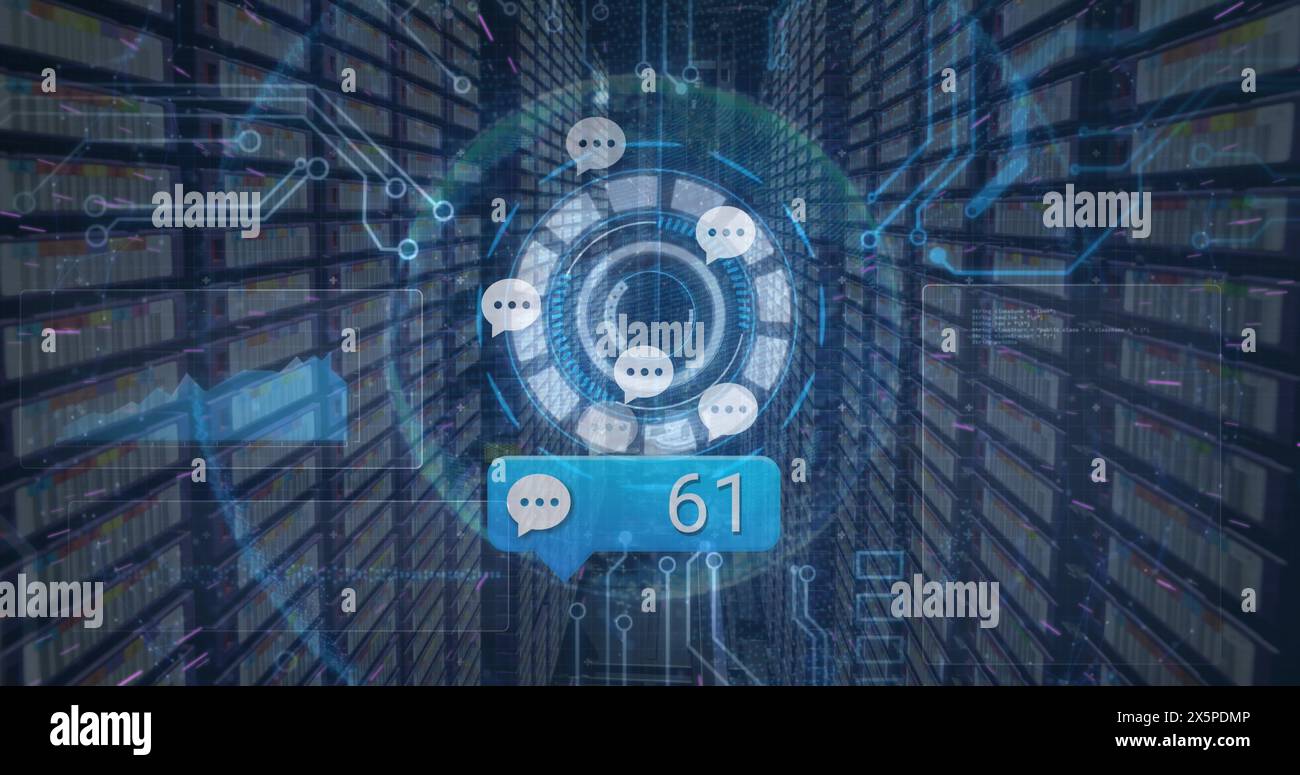 Bild des Meldungssymbols mit steigenden Zahlen über rundem Scanner und Datenverarbeitung Stockfoto