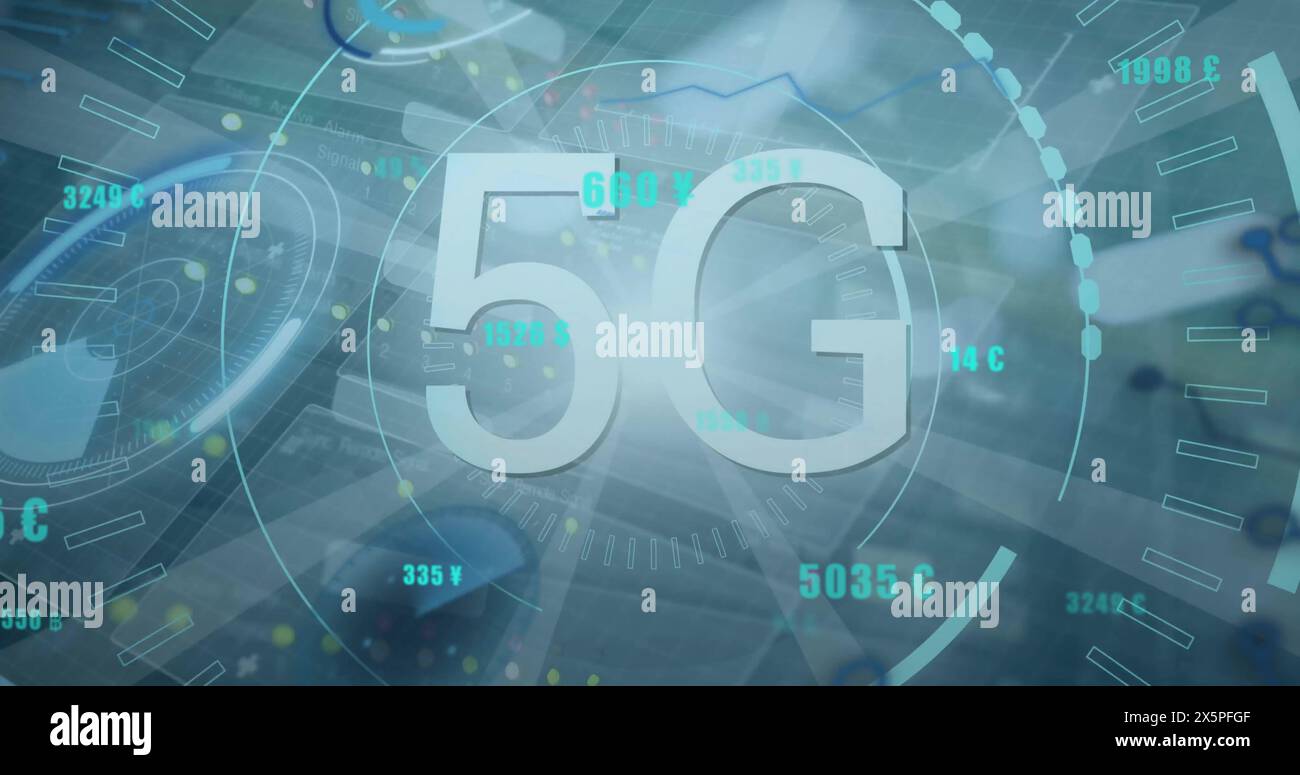 Bild von 5g-Text im Kreis mit Programmiersprache und wechselnden Zahlen über Lichtstrahlen Stockfoto