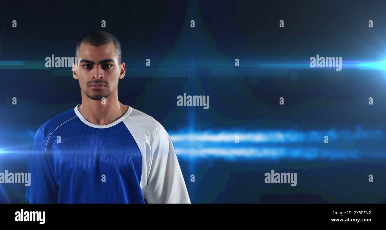 Bild des Basketballspielers über leuchtend blauem Hintergrund Stockfoto