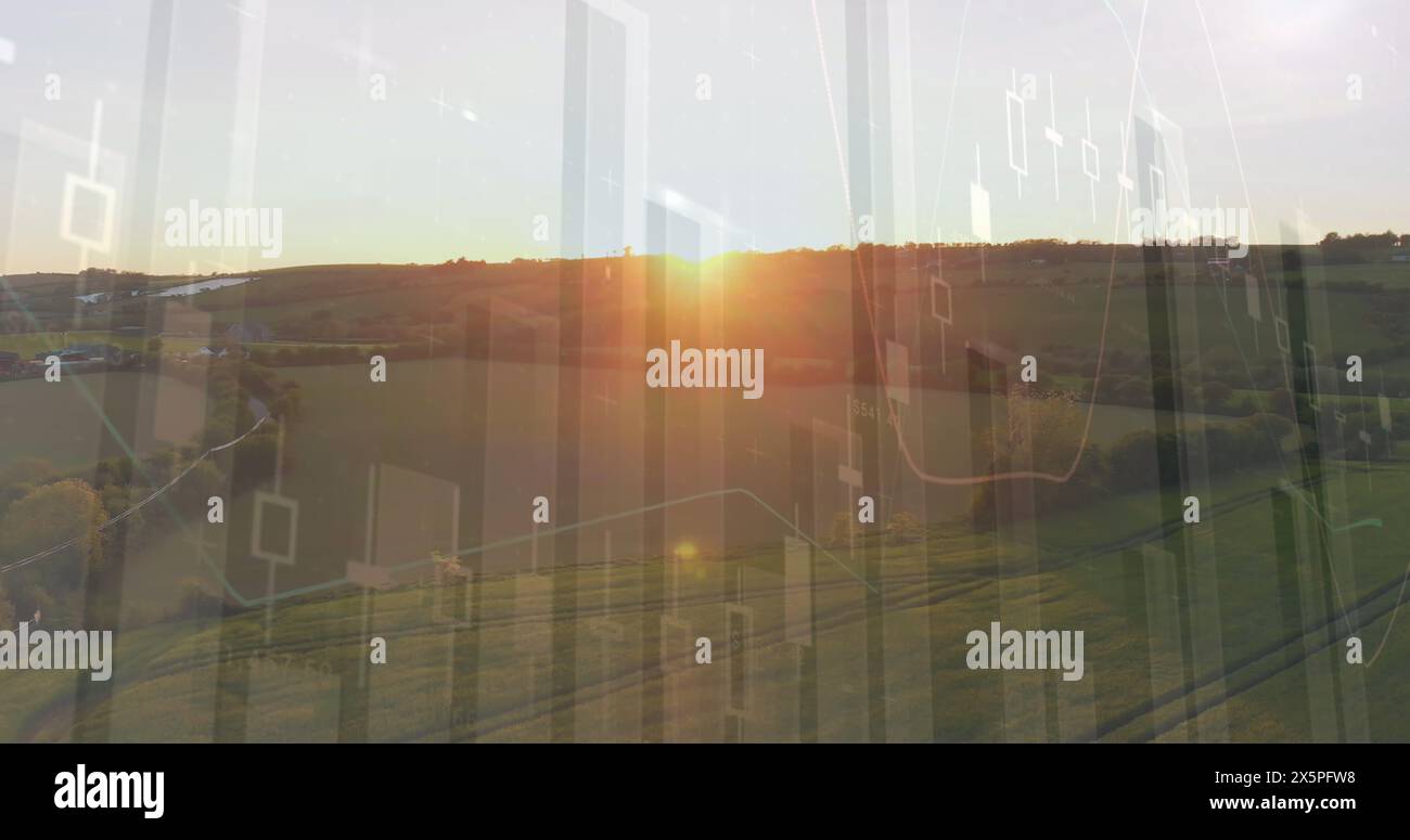 Abbildung von Finanzgrafiken über landwirtschaftliches Feld und Landschaft Stockfoto