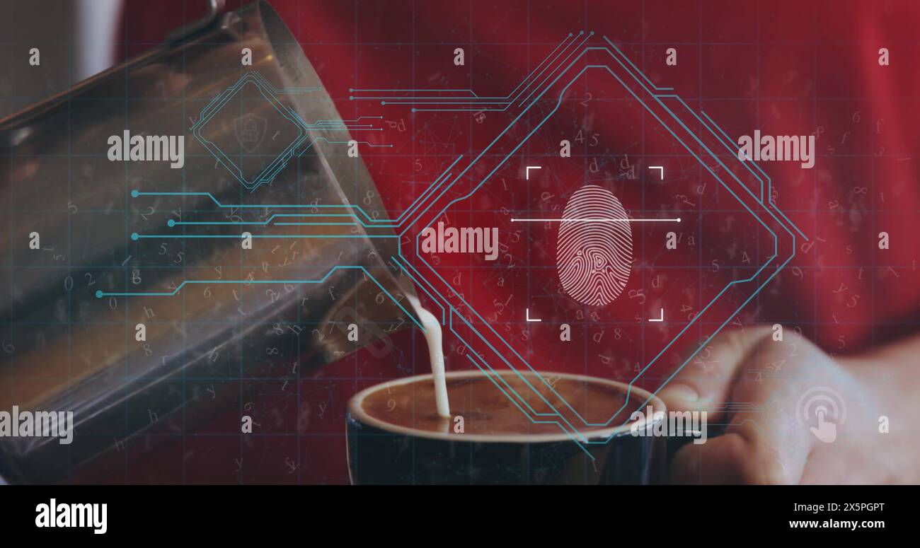 Abbildung: Vorhängeschloss und Fingerabdruck in der Raute über dem Barista, der Milch in einer Kaffeetasse poriert Stockfoto