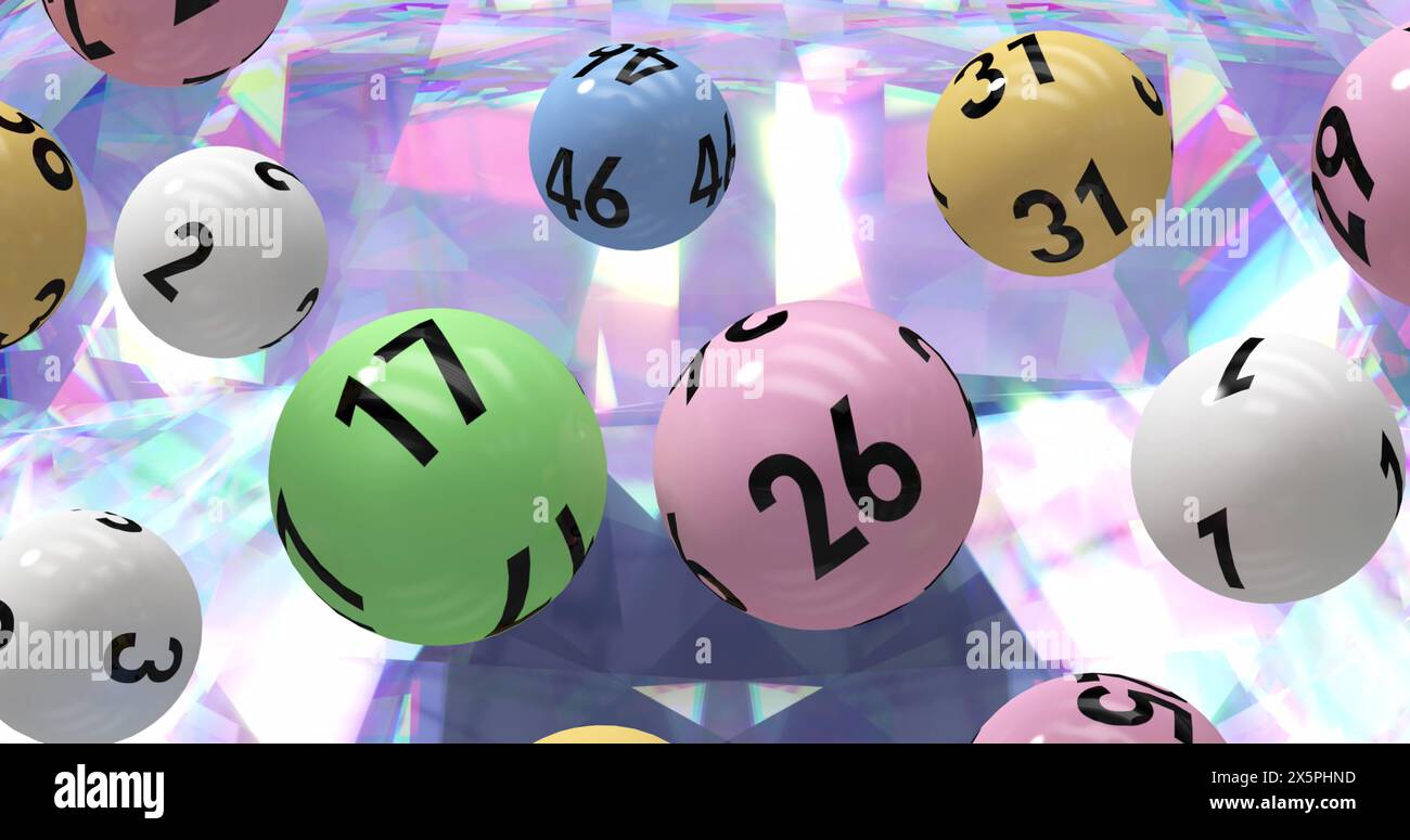 Bild von Lotteriebälle über leuchtendem Kristallhintergrund Stockfoto