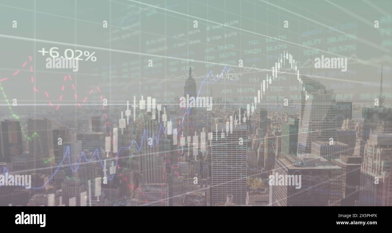 Abbildung mehrerer Diagramme mit wechselnden Zahlen über der Luftaufnahme der modernen Stadt Stockfoto