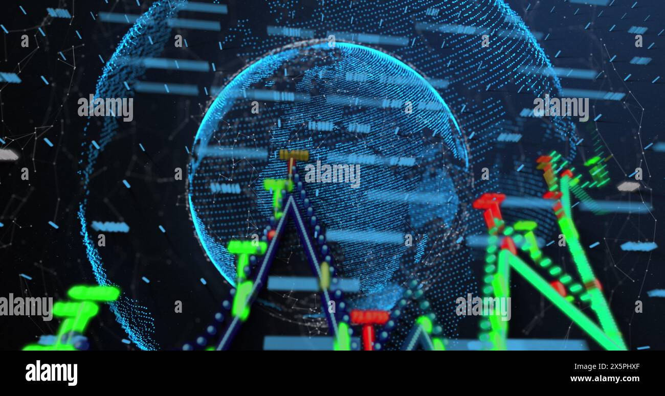 Bild von Zahlen, die sich ändern, und Diagrammen, die sich über Globen bewegen Stockfoto