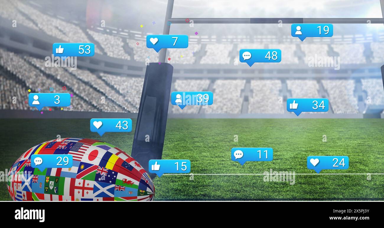 Bild von Social-Media-Ikonen und Länderflaggen auf Rugby-Ball gegen Rugby-Sportstadion Stockfoto