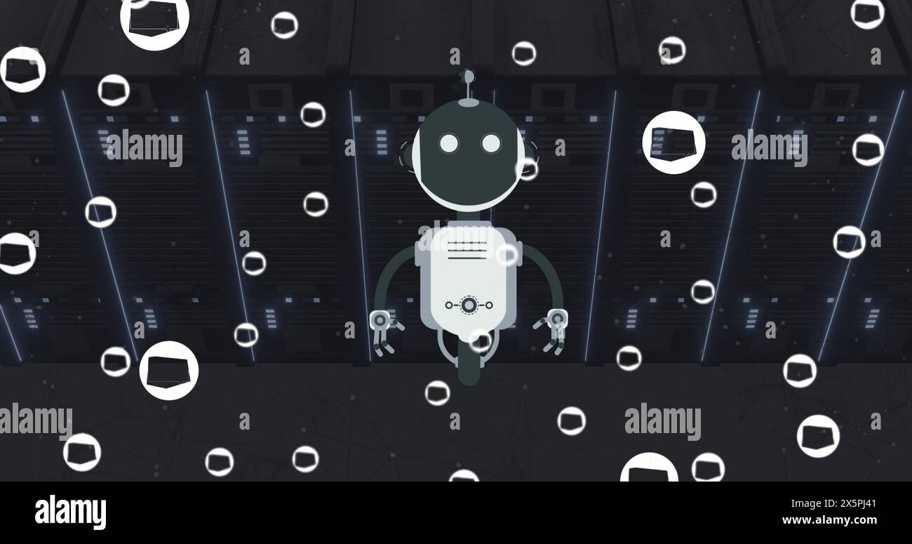 Bild des Ai-Chat-Bots und der Symbole über dem Hintergrund des Computerservers Stockfoto
