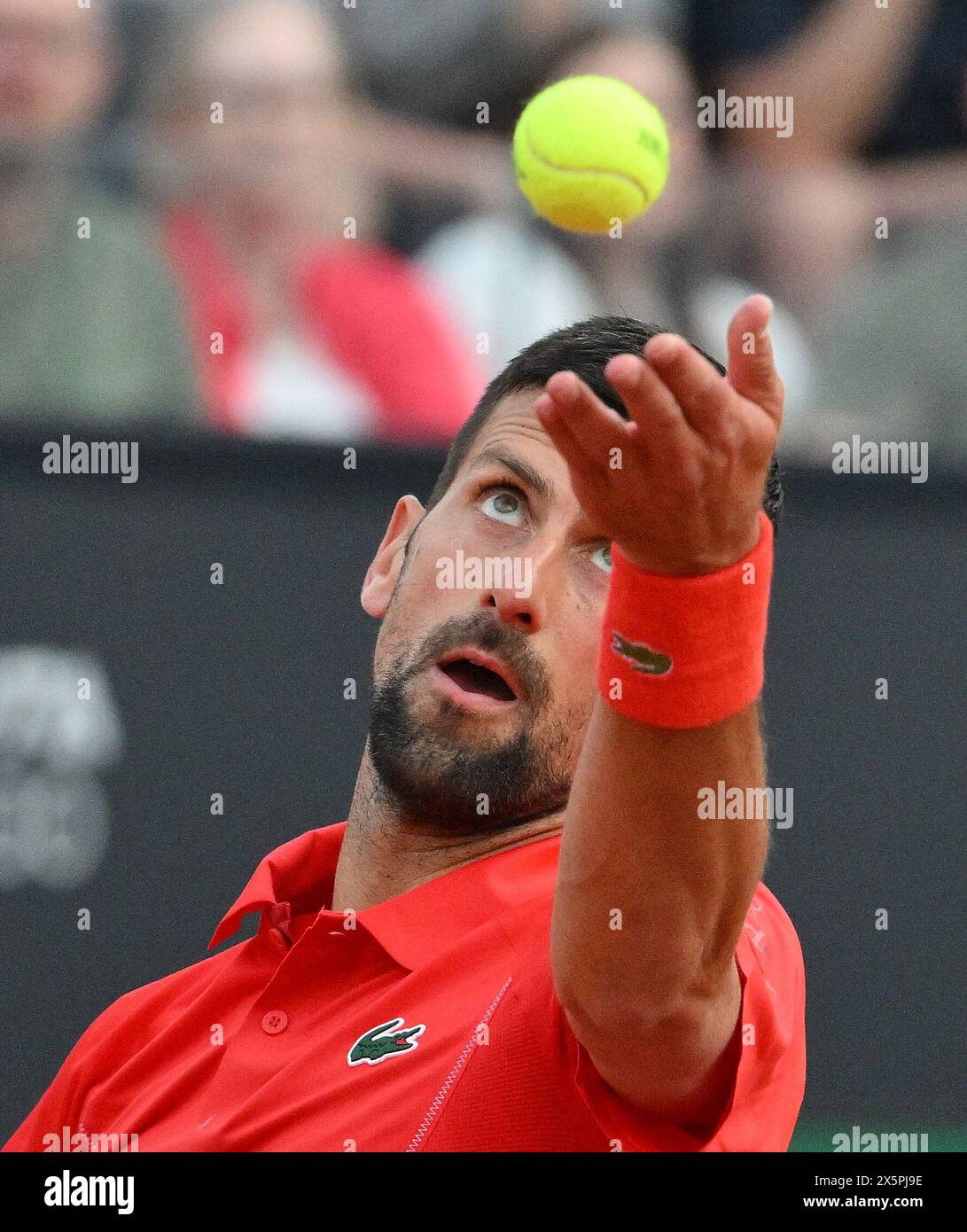 Rom, Italien. Mai 2024. Novak Djokovic aus Serbien spielt im Einzel-Spiel der Männer 64 gegen Corentin Moutet aus Frankreich bei den ATP Italian Open in Rom, Italien, am 10. Mai 2024. Quelle: Alberto Lingria/Xinhua/Alamy Live News Stockfoto